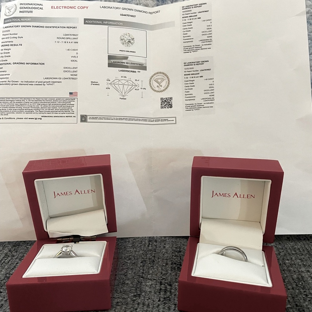 1.40 lab grown diamond platinum ring/wedding set. See lab grown diamond report